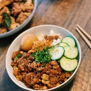 Traditional Taiwanese Braised Pork Rice - 滷肉飯 served with taiwanese fried chicken