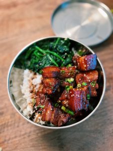 Sticky Pork Belly Served with Rice and Veggies
