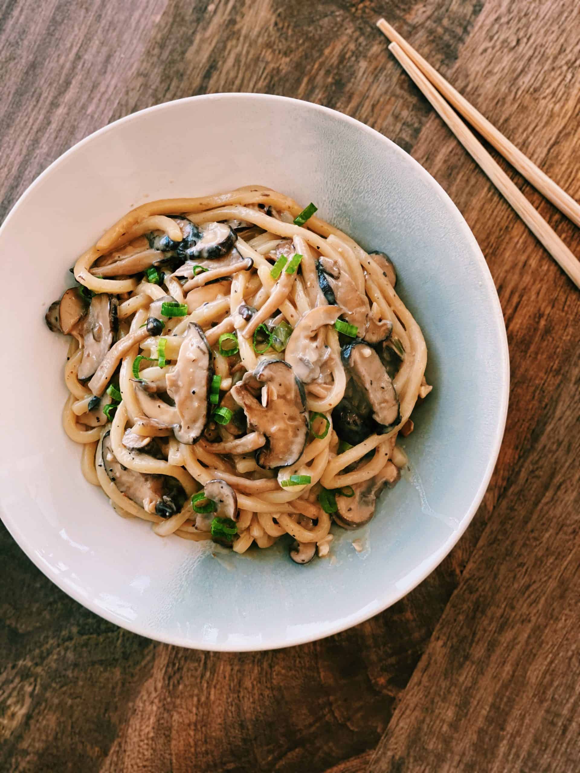 Creamy Mushroom Udon garnished with green onions