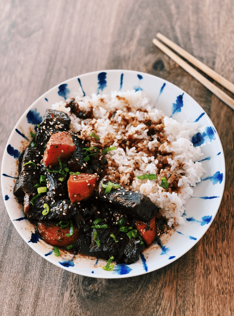 Asian Style Slow Cooked Beef Stew served with rice