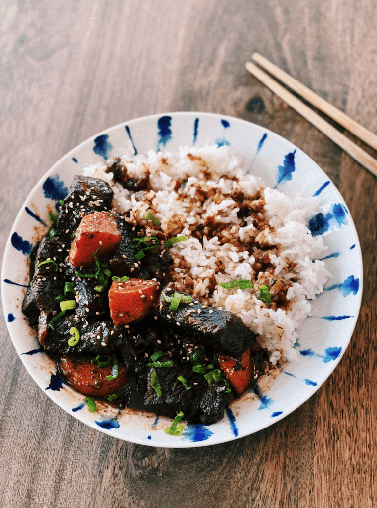 Asian Style Slow Cooked Beef Stew served with rice