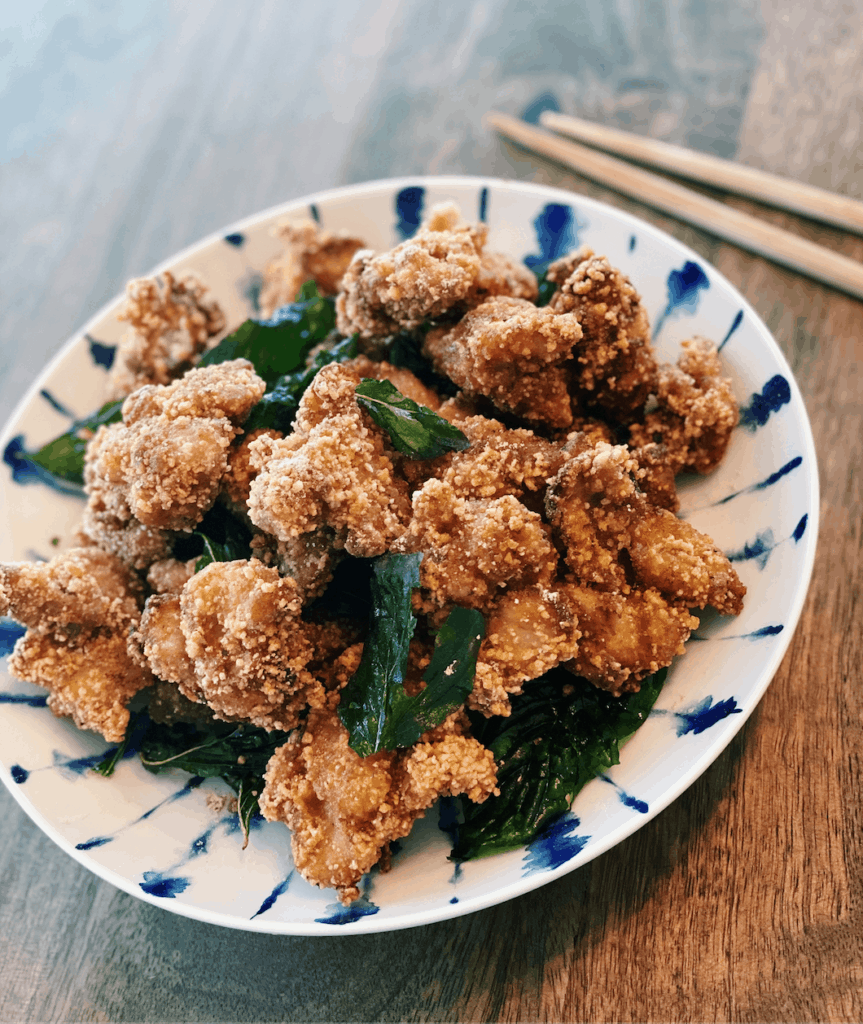 Taiwanese Popcorn Chicken with fried basil