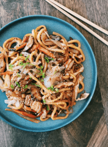 Yaki Udon, or Japanese stir fried udon, made with pork belly and cabbage.