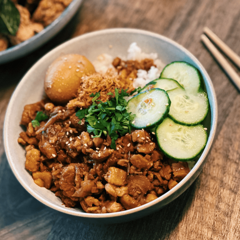 Traditional Taiwanese Braised Pork Rice - 滷肉飯 in a closer shot where there's sliced cucumbers, and an egg