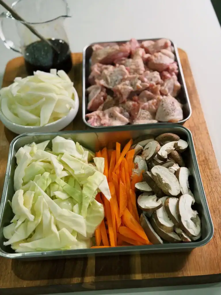 Prepared ingredients for Chicken Yaki Udon