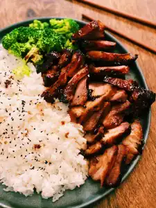 Air Fryer BBQ Pork with Rice and Broccoli