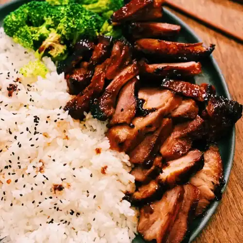 Air Fryer BBQ Pork with Rice and Broccoli