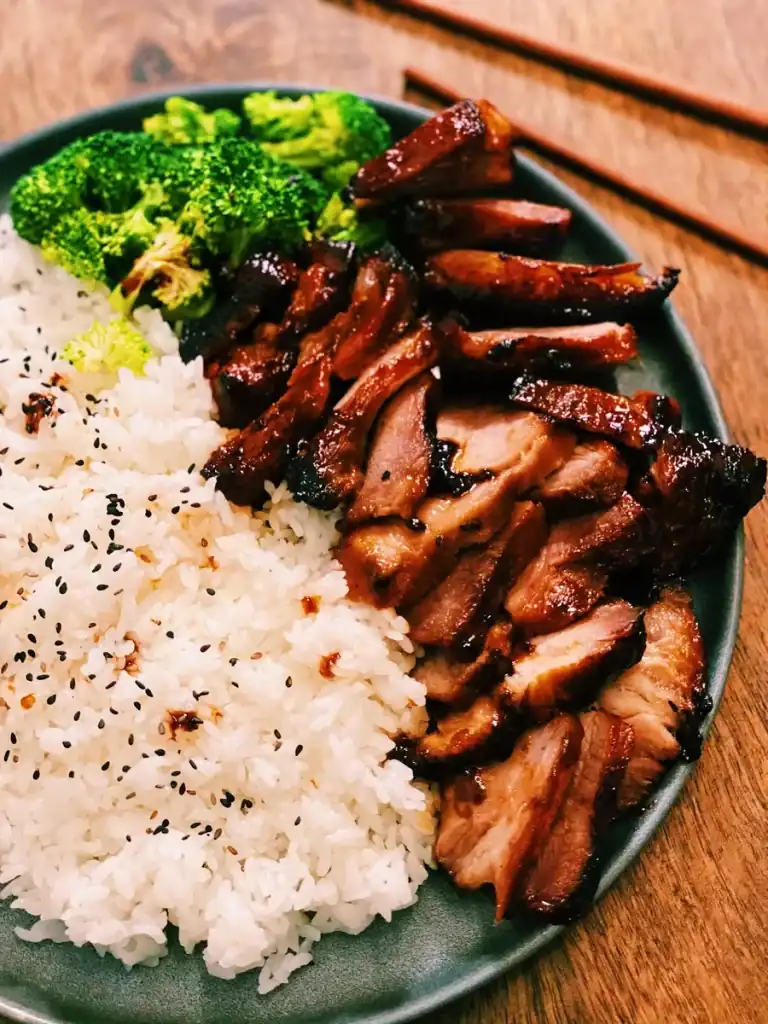 Air Fryer BBQ Pork with Rice and Broccoli