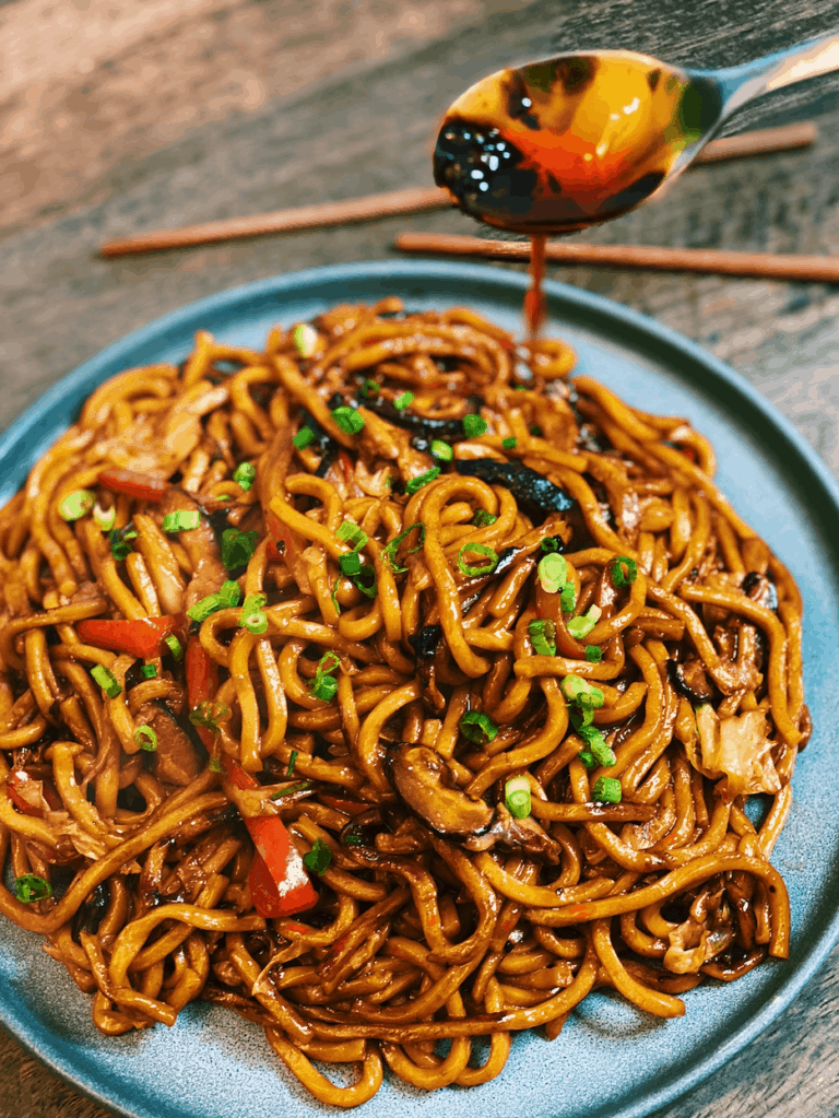 Vegetarian Shanghai Noodles with Chili Oil Drizzled over it