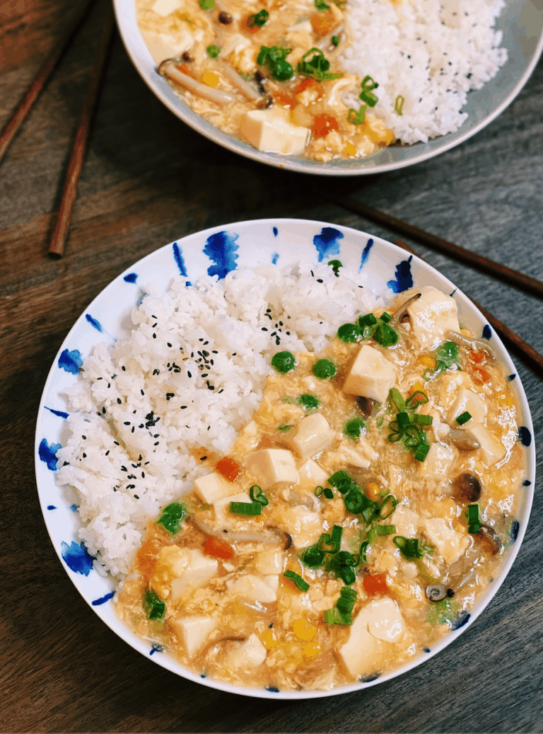 Soft Tofu with Silky Egg Sauce served with rice