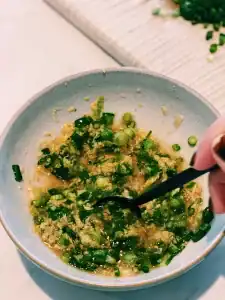 Mixing Ginger Scallion Oil for Hainan Chicken Noodle Soup