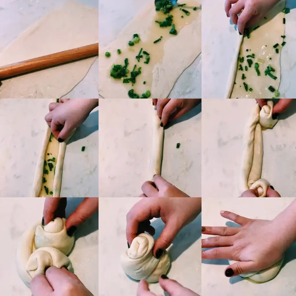 A series of 9 steps showing how to roll scallion oil into dough for Taiwanese Scallion Pancake