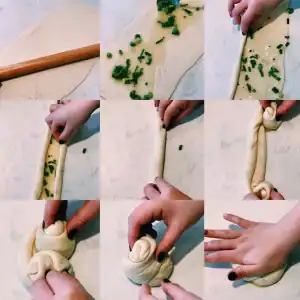 A series of 9 steps showing how to roll scallion oil into dough for Taiwanese Scallion Pancake