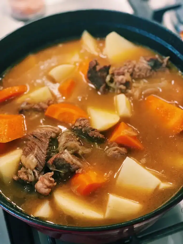 Simmering beef, carrots, and potatoes for Japanese Beef Curry