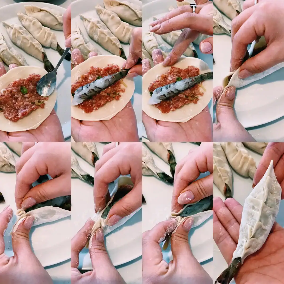 Step by Step sequence of how to fold a whole shrimp potstickers