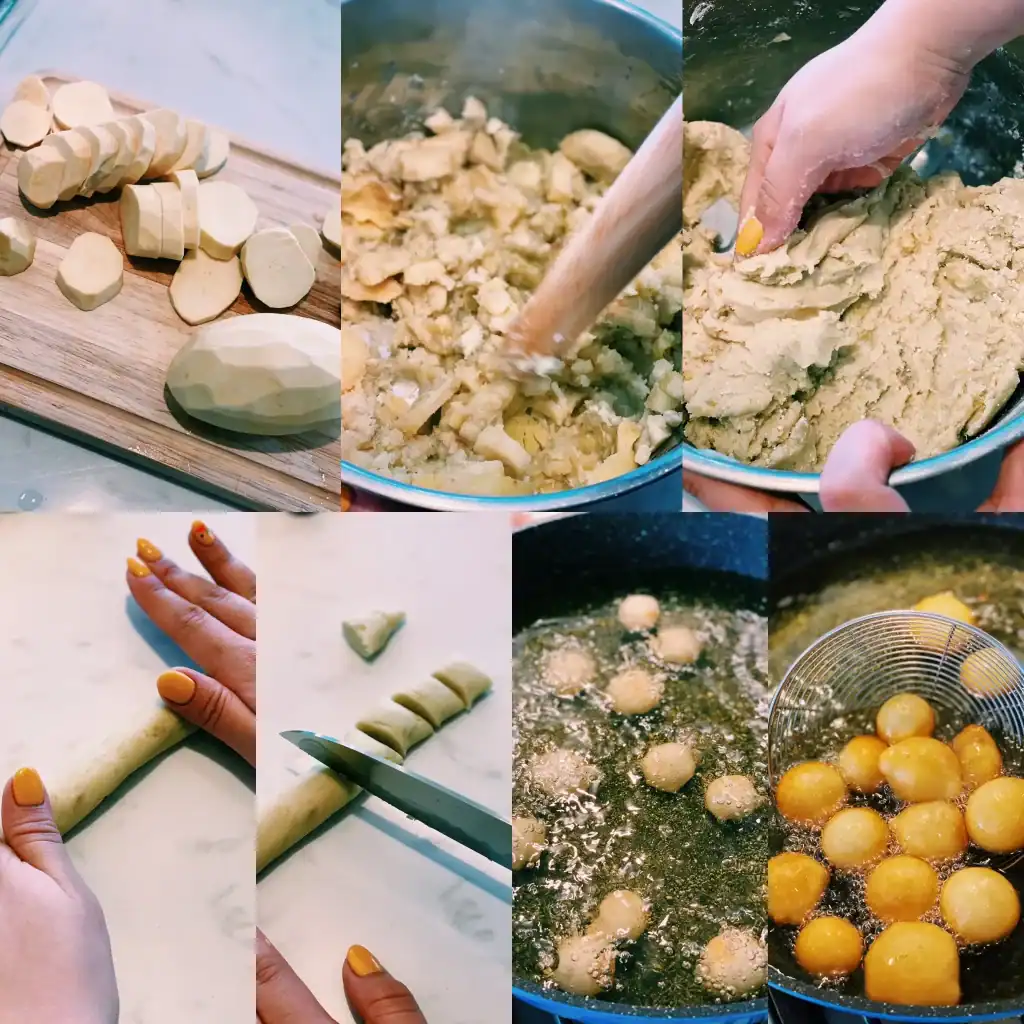The various steps to making Taiwanese Sweet Potato Balls 