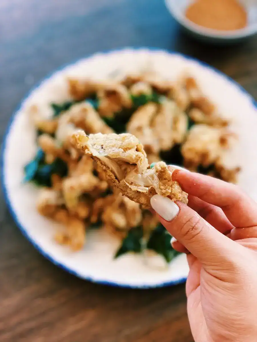 A closeup of vegetarian popcorn chicken, or Taiwanese popcorn mushrooms