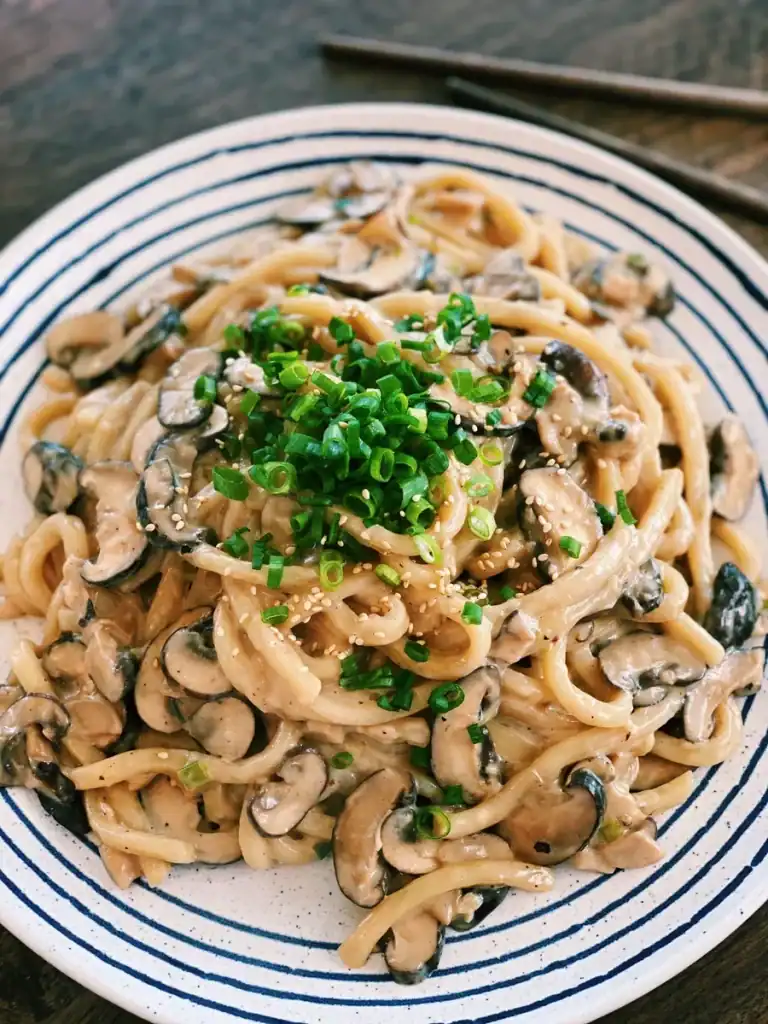Creamy Mushroom Udon Plated with green onion