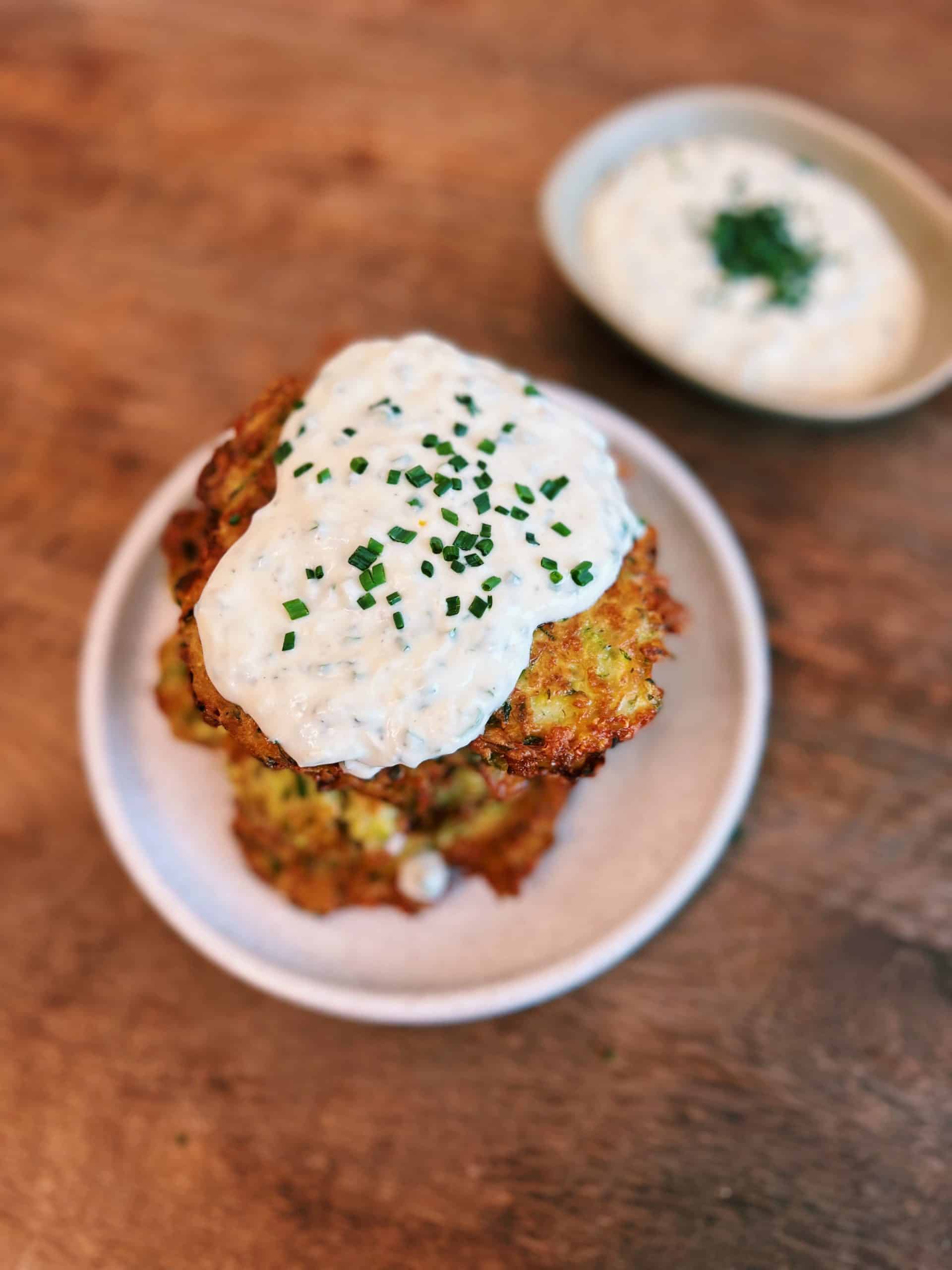 Crispy Zucchini Pancakes with Creamy Garlic Sauce
