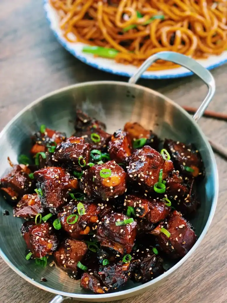 Sweet and Sour Taiwanese Spare Ribs with Chow Mein in the background