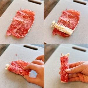 Step By Step on how to roll enoki mushrooms in thin beef slices for Enoki Beef Rice Bowl