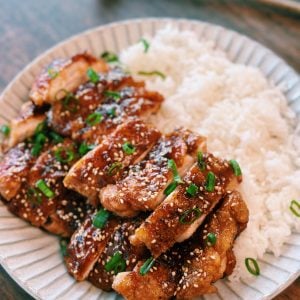 Sliced Honey Ginger Chicken served with rice