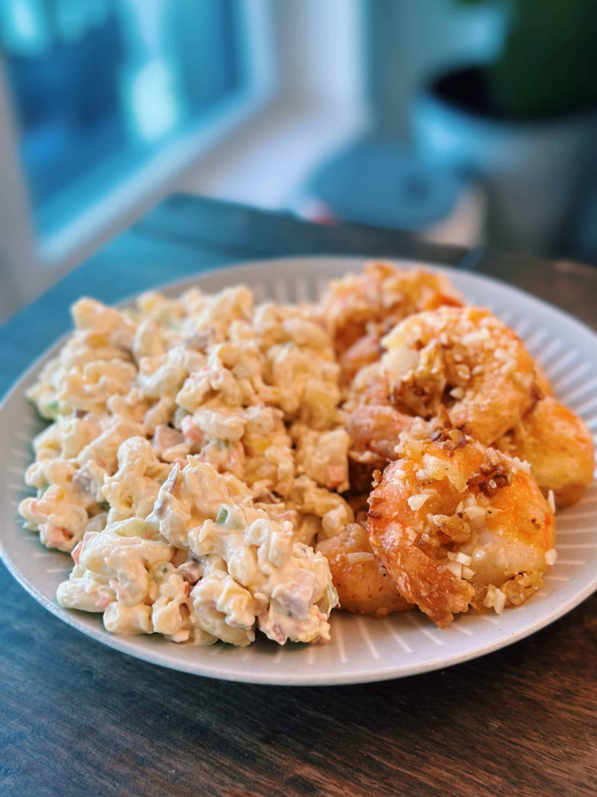 garlic prawns and mac salad