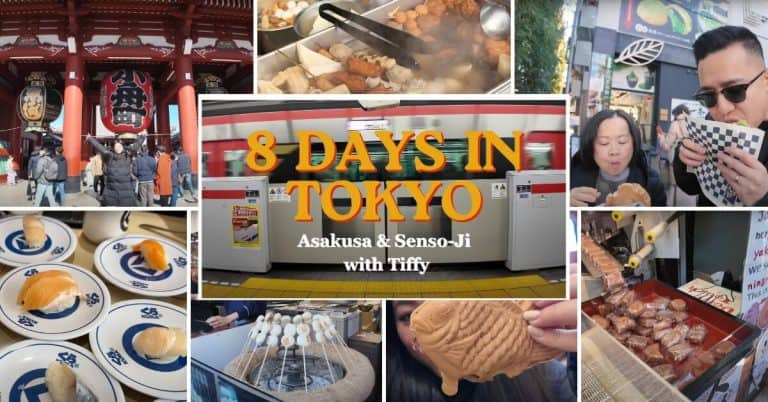 A collection of street foods and views of Asakusa Sensoji in Asakusa, Tokyo, Japan