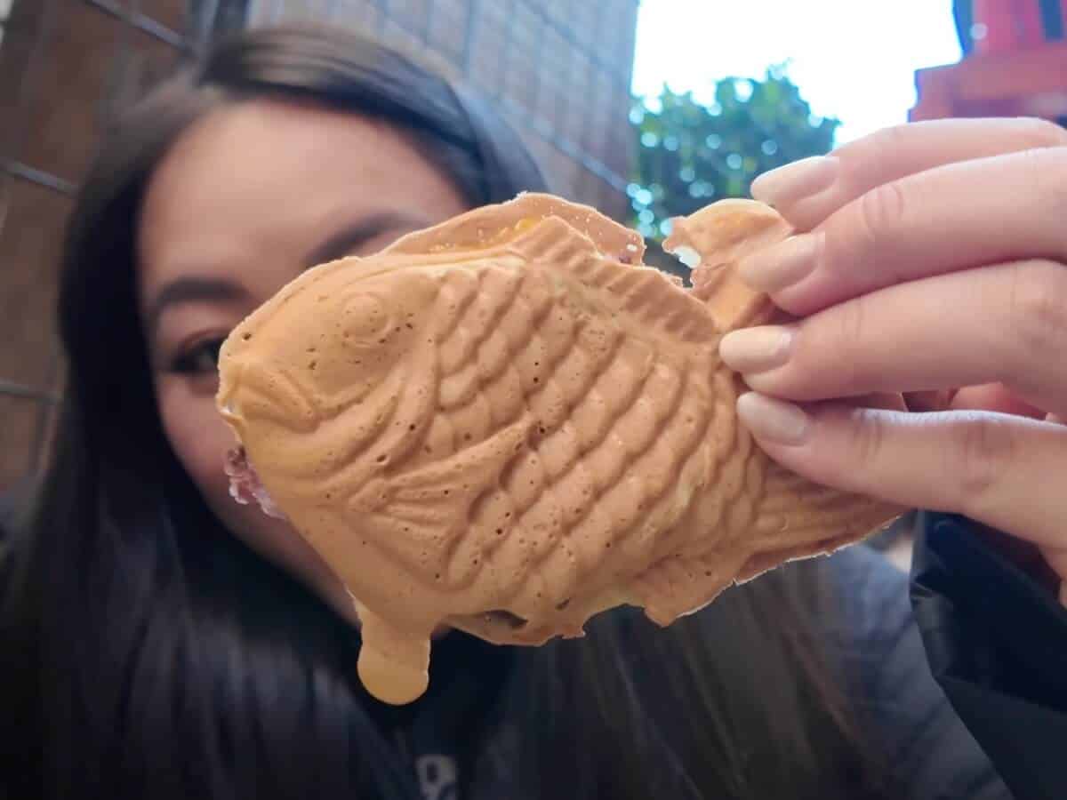Taiyaki, a freshly made fish-shaped treat in the streets of Asakusa 