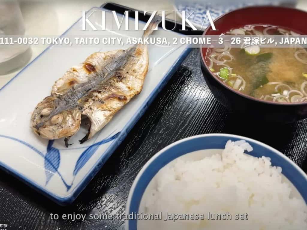 A traditional japanese meal of mackeral, rice, and miso soup at Kimizuka, a traditional Japanese restaurant in Asakusa Sensoji area