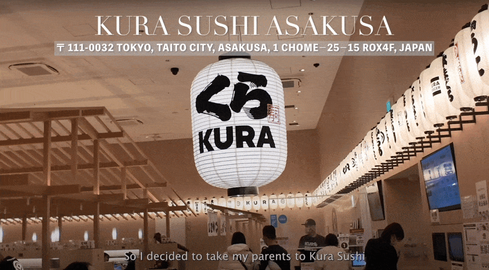 A rotating conveyor belt with sushi in Kura Asakusa near sensoji 