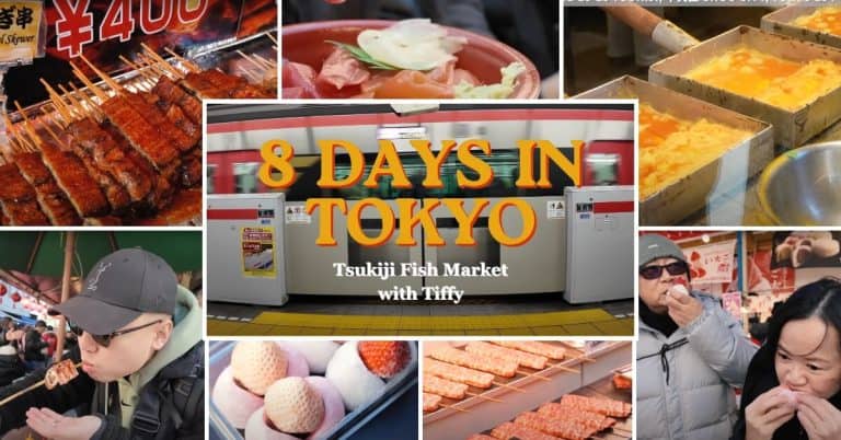 A collection of street foods from Tsukiji Fish Market, from unagi on a stick to tamagoyaki.