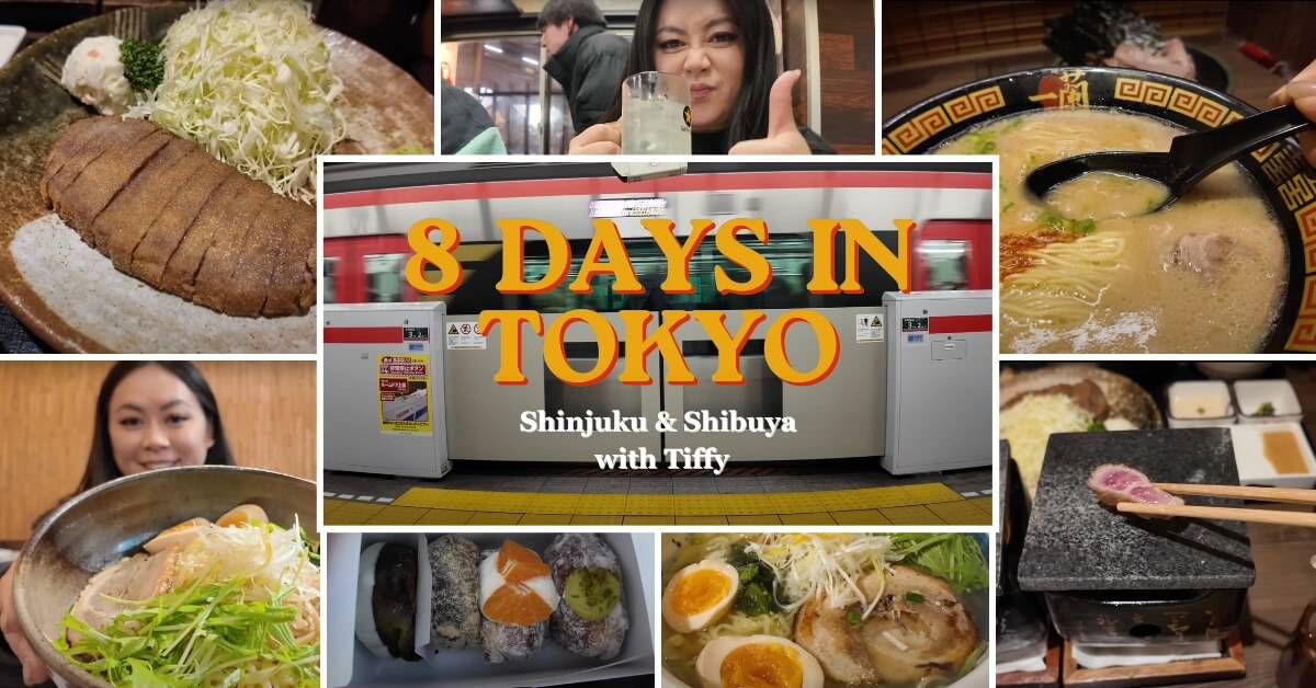 A collections of food from Shinuku and Shibuya, including gyukatsu, ramen, donuts, and more.