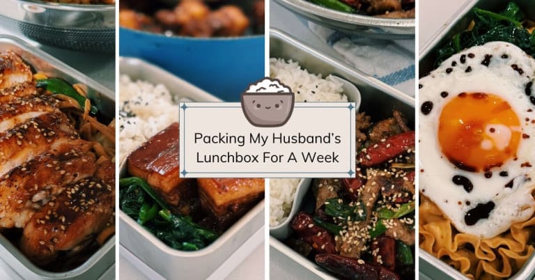 A collection of Tiffy's hearty lunchboxes packed for her husband, feautring dishes like soy glazed chicken, scallion beef, and more.
