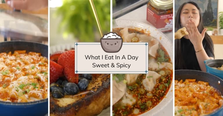A collection of what Tiffy Eats in a day: Creamy Milk Bread, Spicy Tteokbokki, Fish Cake Soup, and Hot and Sour Dumplings