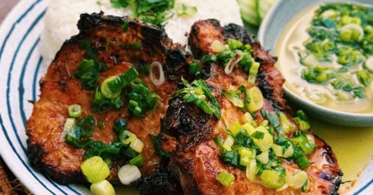 Air Fryer Lemongrass Pork Chop with Rice and Scallion sauce
