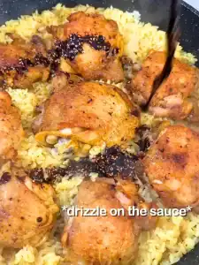 Drizzle the sauce you made onto the one pot chicken and rice for an easy dinner