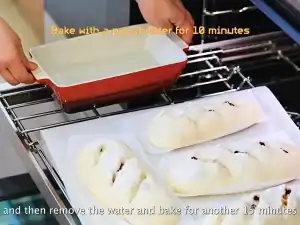 An example of how tiffy's mom keeps the raisin walnut no knead bread moist while baking by baking the bread with a small pot of water