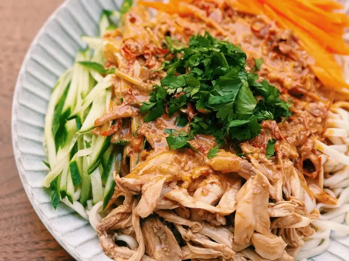 Make a quick meal of Creamy Shredded Chicken Cold Noodles with leftover roast chicken, cucumbers, carrots, and noodles mixed with sesame sauce. 