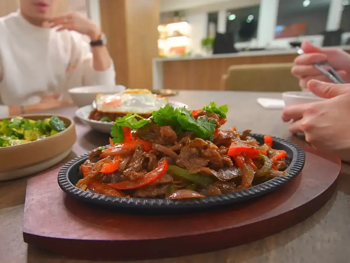 garlic smashed cucumber salad, Sizzling Black Pepper Beef Stir Fry and a Thai Inspired Four Season Scallion Basil Pork for double date pain night 