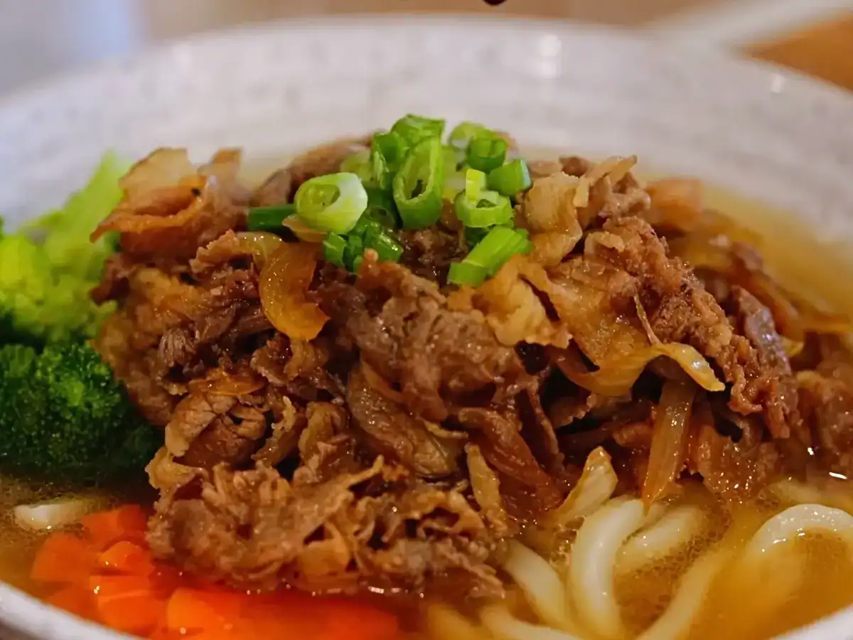 Beef Udon Soup served in a bowl garnished with green onions