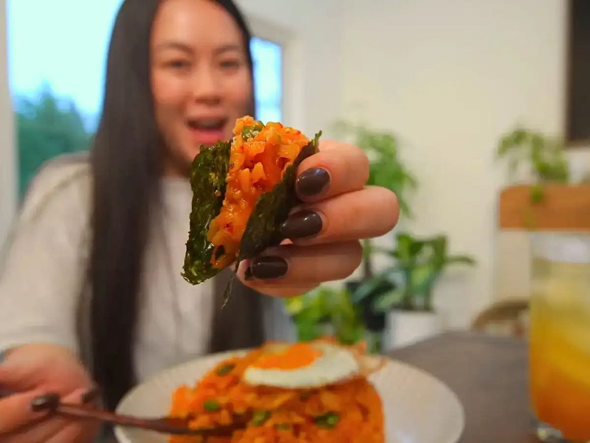 Spam Kimchi Fried Rice Served in a Bite of Seaweed
