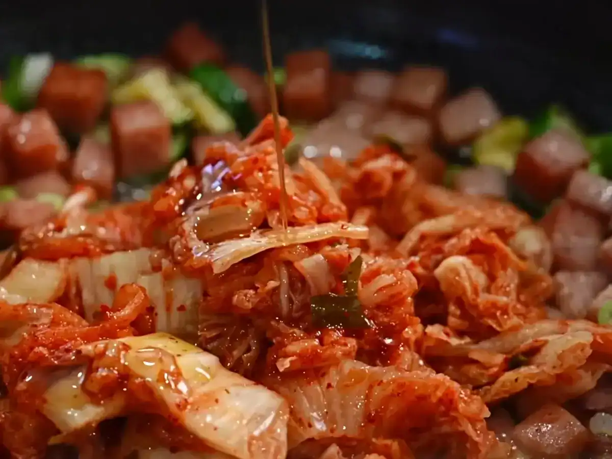 Spam Kimchi Fried Rice - Sauteing kimchi for fried rice