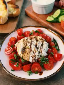 5 Minute Balsamic Cherry Tomato Burrata Salad served for a brunch spread