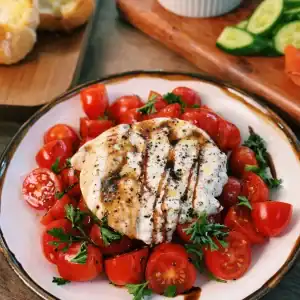 5 Minute Balsamic Cherry Tomato Burrata Salad served for a brunch spread