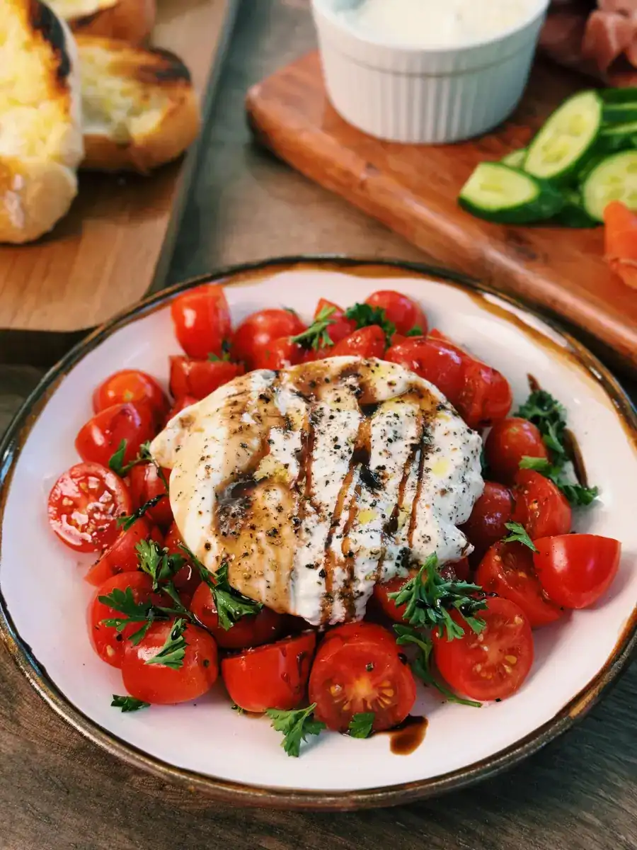 5 Minute Balsamic Cherry Tomato Burrata Salad served for a brunch spread