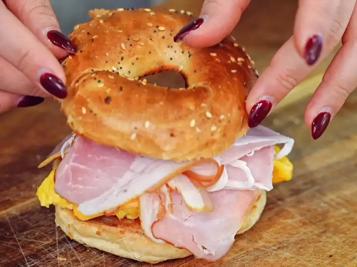 Ham, Egg, and Cheese Breakfast Bagel Sandwich Done