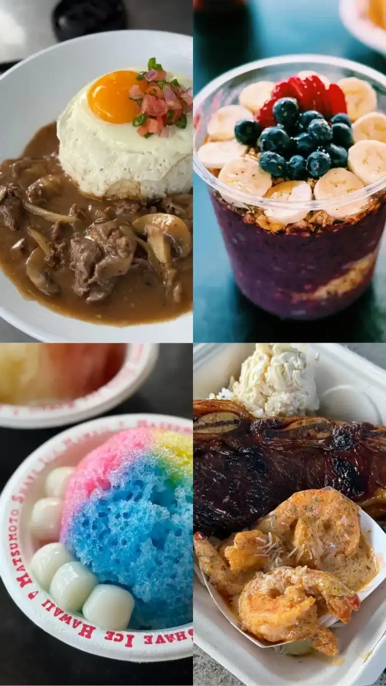 Local Hawaiian Dishes You Have To Try In Oahu, including acai bowl, loco moco, haupia coconut pudding, Hawaiian shave ice, poke, and more.