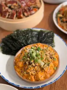 Creamy Salmon Poke Appetizer served with Seaweed