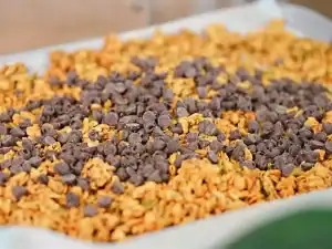 Freshly made homemade granola with chocolate chips, peanut butter and maple syrup